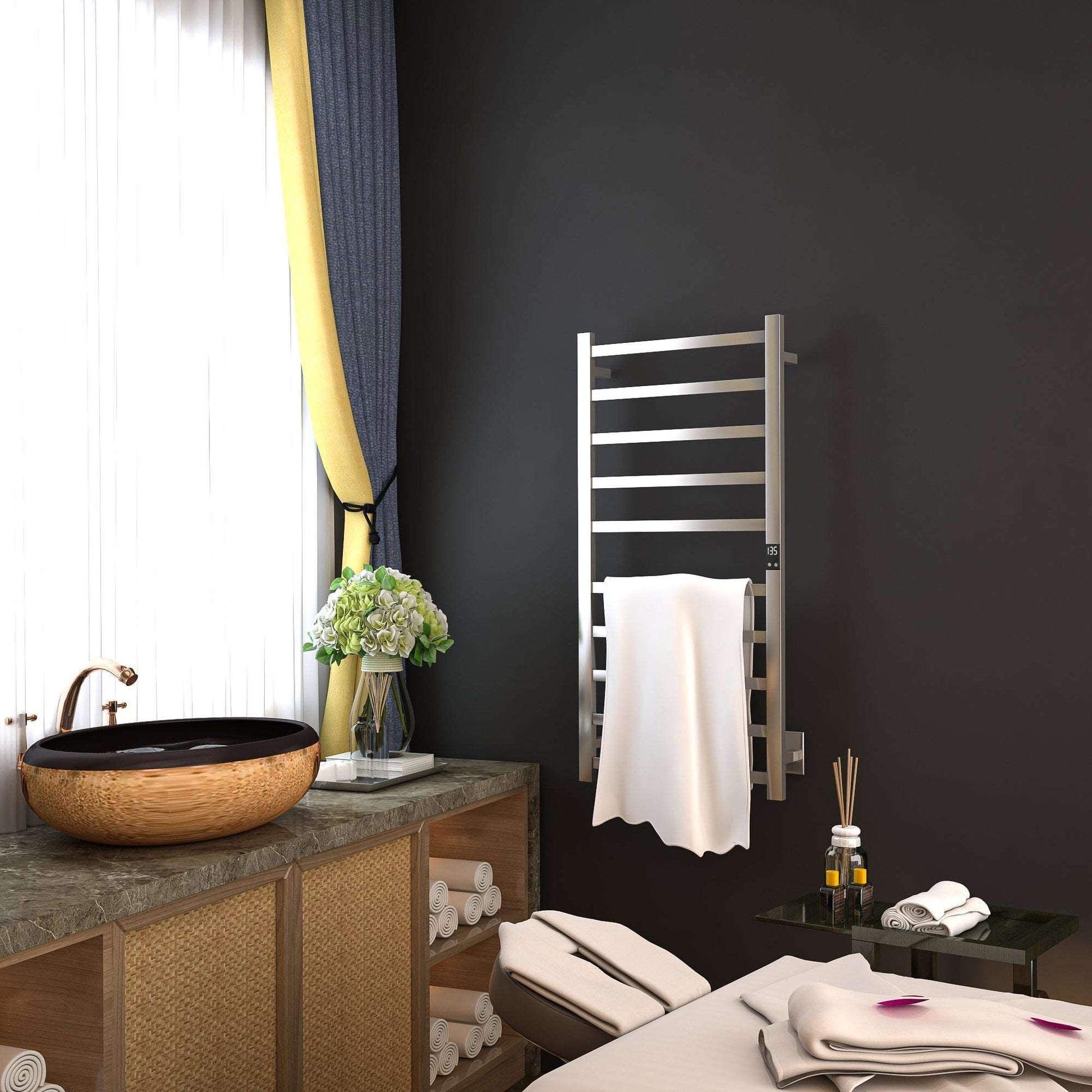 Sleek blade-thin electric towel warmer with 10 heating bars